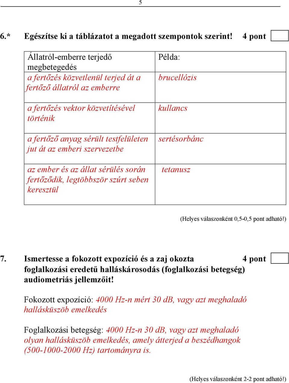 emberi szervezetbe az ember és az állat sérülés során fertızıdik, legtöbbször szúrt seben keresztül Példa: brucellózis kullancs sertésorbánc tetanusz (Helyes válaszonként 0,5-0,5 pont adható!) 7.