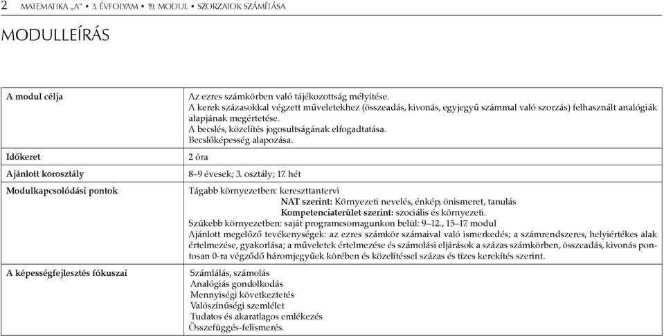 A kerek százasokkal végzett műveletekhez (összeadás, kivonás, egyjegyű számmal való szorzás) felhasznált analógiák alapjának megértetése. A becslés, közelítés jogosultságának elfogadtatása.