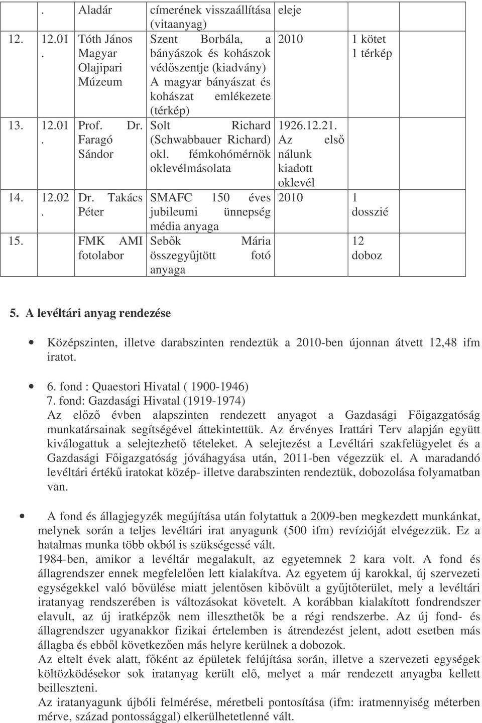 kiadott oklevél SMAFC 150 éves 2010 1 jubileumi ünnepség dosszié média anyaga Sebk Mária 12 összegyjtött fotó doboz anyaga 5 A levéltári anyag rendezése Középszinten, illetve darabszinten rendeztük a