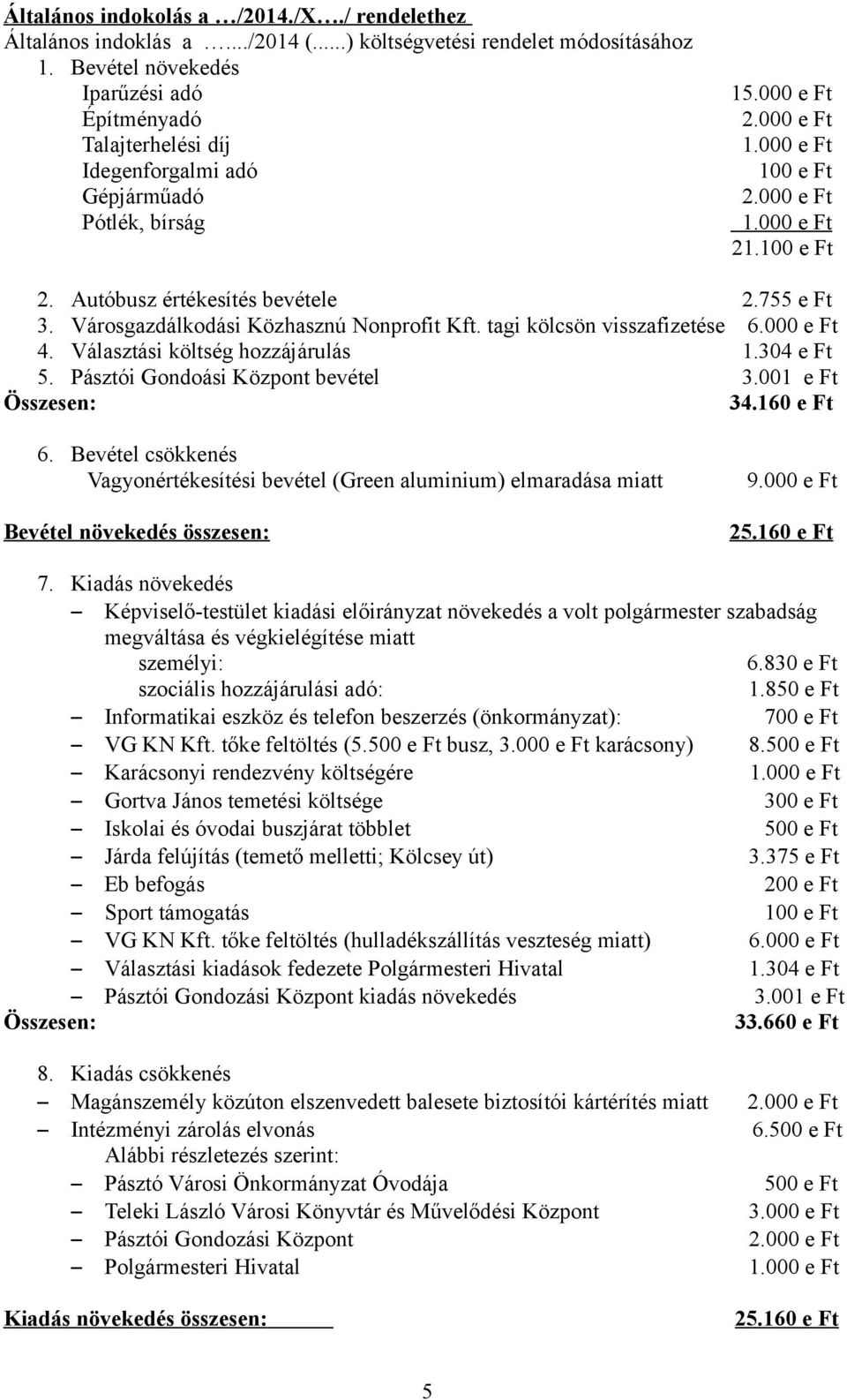 Városgazdálkodási Közhasznú Nonprofit Kft. tagi kölcsön visszafizetése 6.000 e Ft 4. Választási költség hozzájárulás 1.304 e Ft 5. Pásztói Gondoási Központ bevétel 3.001 e Ft Összesen: 34.160 e Ft 6.