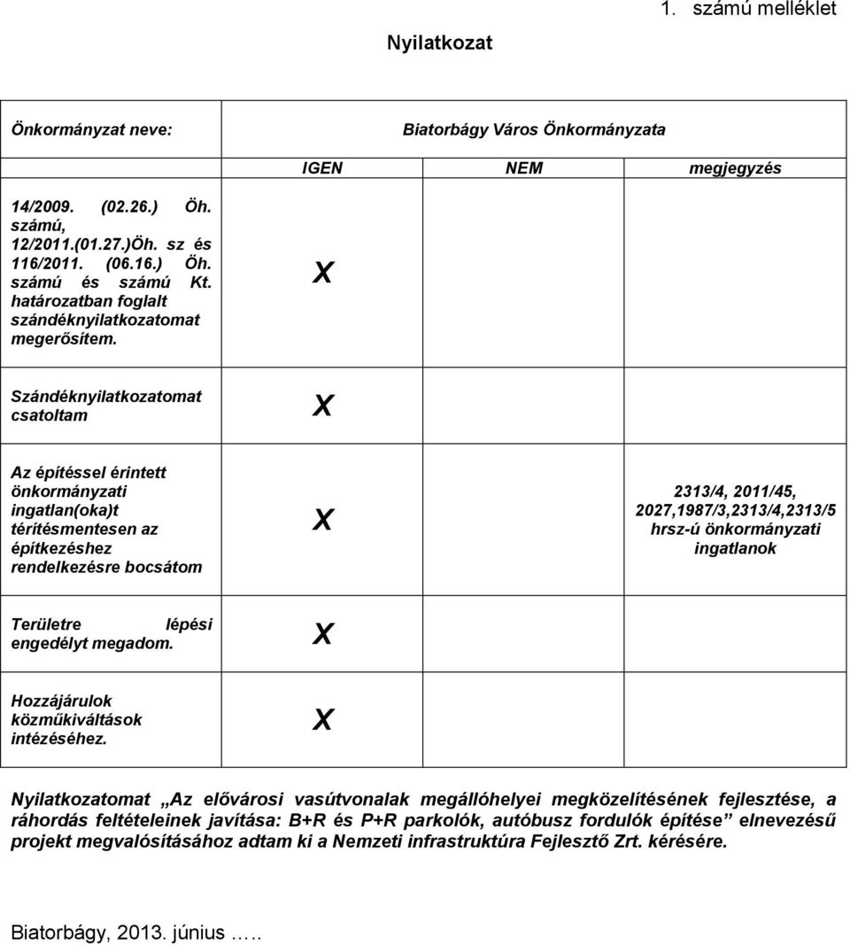 Szándéknyilatkozatomat csatoltam Az építéssel érintett önkormányzati ingatlan(oka)t térítésmentesen az építkezéshez rendelkezésre bocsátom 2313/4, 2011/45, 2027,1987/3,2313/4,2313/5 hrsz-ú