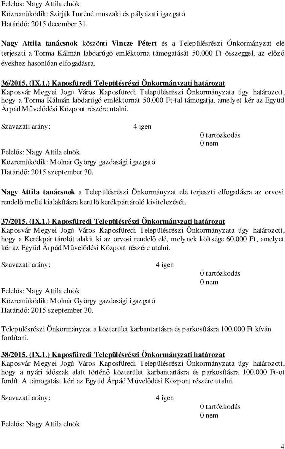 36/2015. (IX.1.) Kaposfüredi Településrészi Önkormányzati határozat hogy a Torma Kálmán labdarúgó emléktornát 50.000 Ft-tal támogatja, amelyet kér az Együd Árpád Művelődési Központ részére utalni.