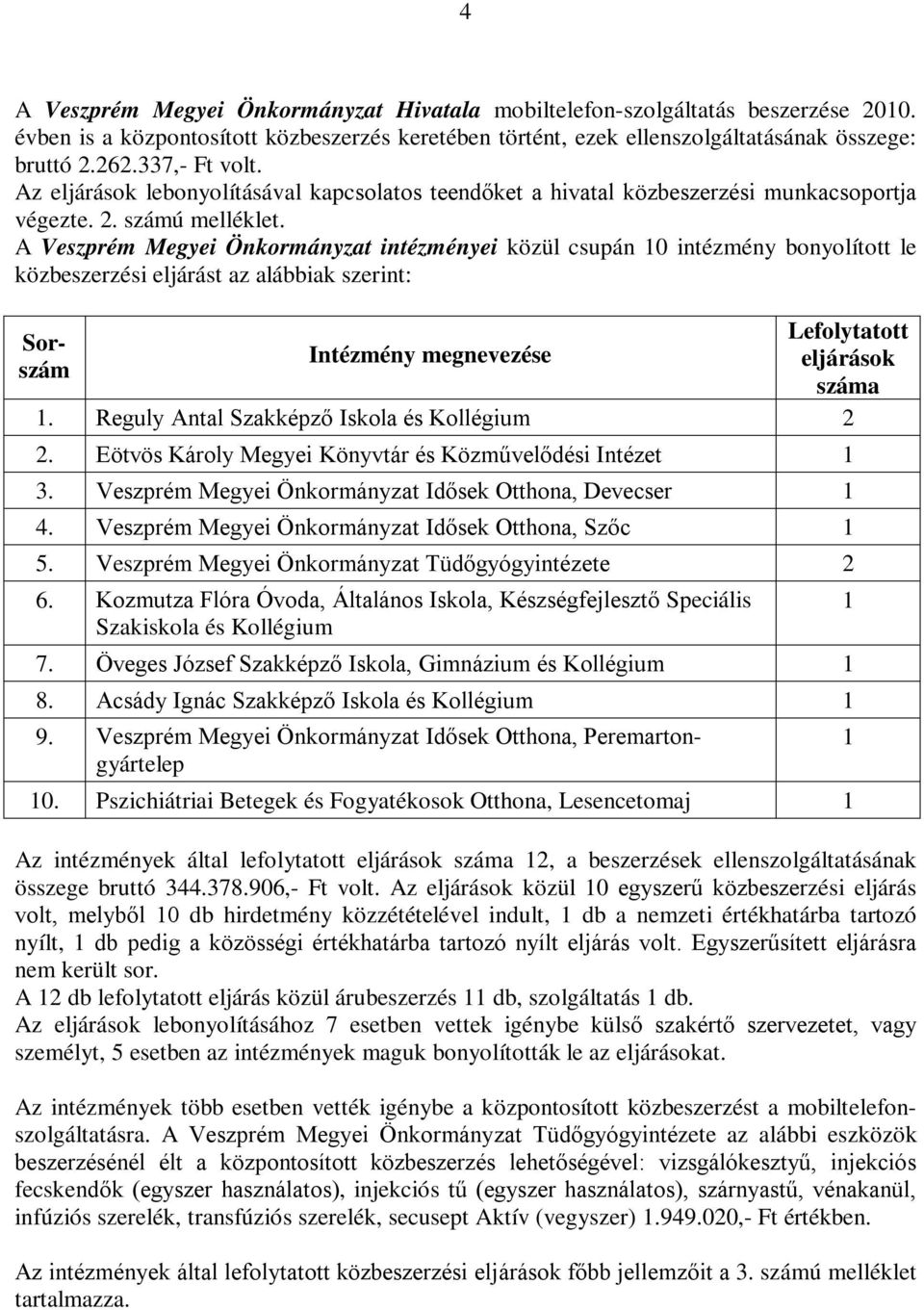 A Veszprém Megyei intézményei közül csupán 10 intézmény bonyolított le közbeszerzési eljárást az alábbiak szerint: Sorszám Intézmény megnevezése Lefolytatott eljárások száma 1.