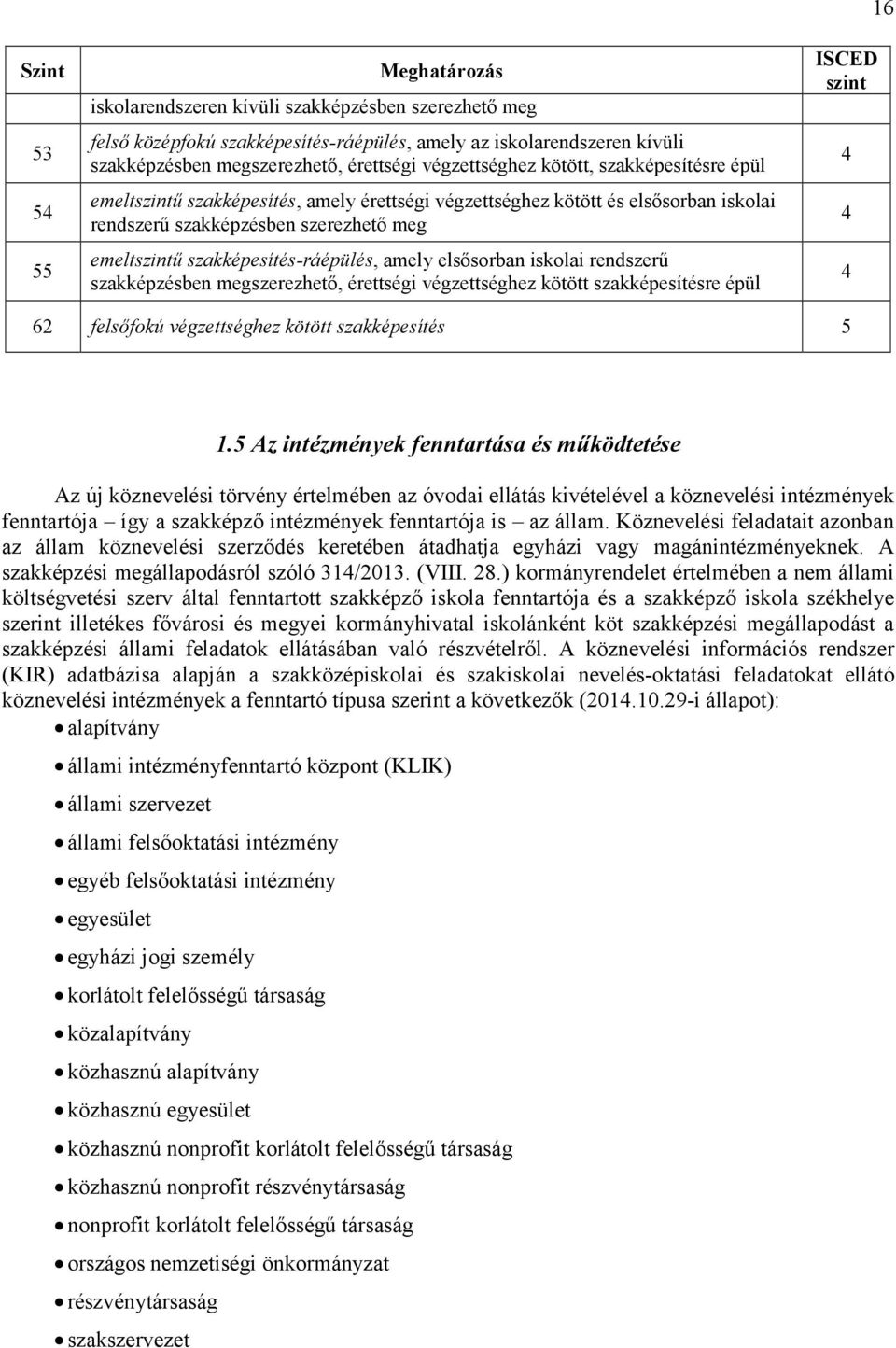 szakképesítés-ráépülés, amely elsősorban iskolai rendszerű szakképzésben megszerezhető, érettségi végzettséghez kötött szakképesítésre épül ISCED szint 4 4 4 16 62 felsőfokú végzettséghez kötött