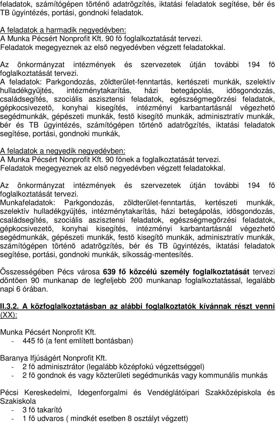 A feladatok: Parkgondozás, zöldterület-fenntartás, kertészeti munkák, szelektív hulladékgyjtés, intézménytakarítás, házi betegápolás, idsgondozás, családsegítés, szociális aszisztensi feladatok,