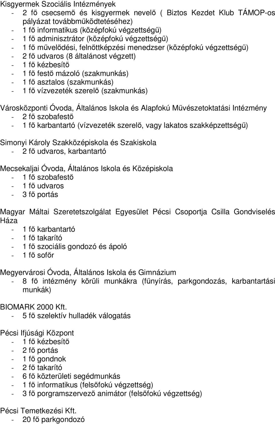 1 f vízvezeték szerel (szakmunkás) Városközponti Óvoda, Általános Iskola és Alapfokú Mvészetoktatási Intézmény - 2 f szobafest - 1 f karbantartó (vízvezeték szerel, vagy lakatos szakképzettség)