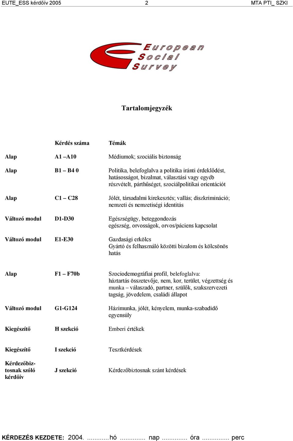 beteggondozás egészség, orvosságok, orvos/páciens kapcsolat Változó modul E1-E30 Gazdasági erkölcs Gyártó és felhasználó közötti bizalom és kölcsönös hatás Alap F1 F70b Szociodemográfiai profil,