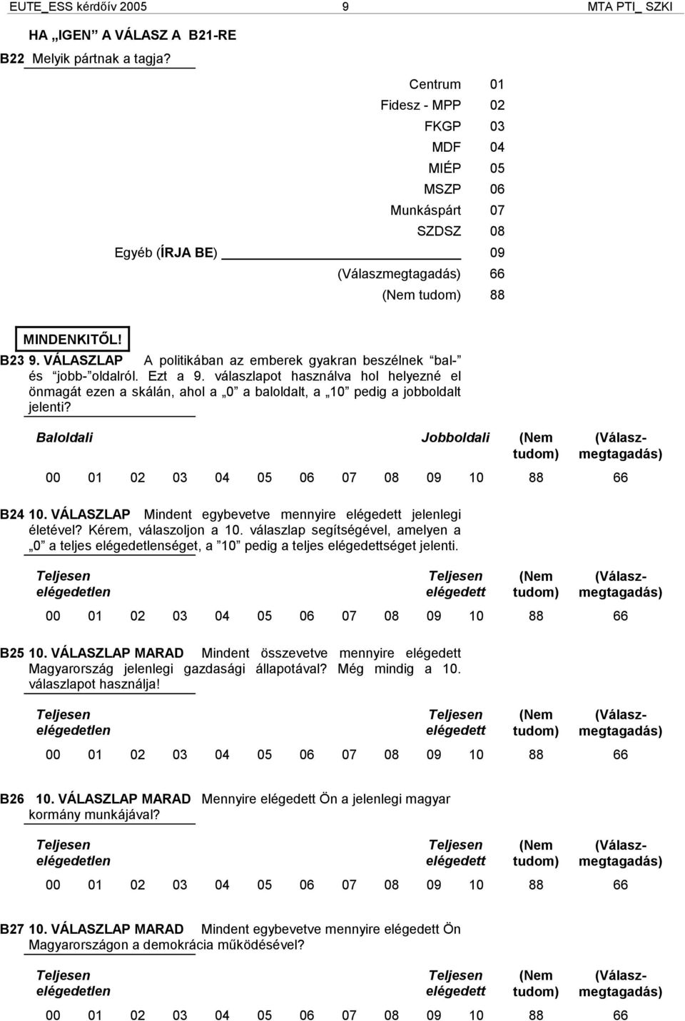 válaszlapot használva hol helyezné el önmagát ezen a skálán, ahol a 0 a baloldalt, a 10 pedig a jobboldalt jelenti? Baloldali Jobboldali 00 01 02 03 04 05 06 07 08 09 10 88 66 B24 10.