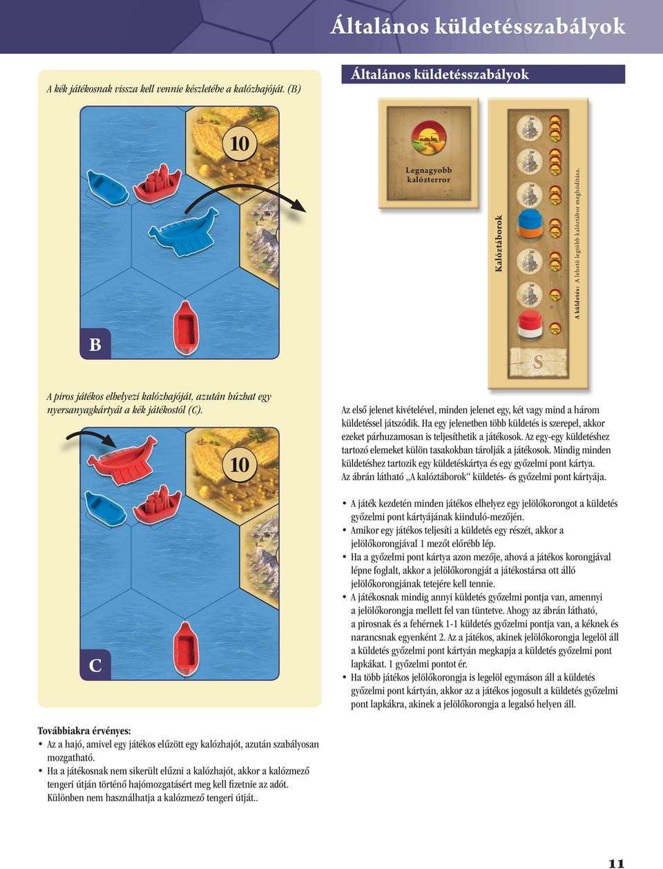 B A piros játékos elhelyezi kalózhajóját, azután húzhat egy nyersanyagkártyát a kék játékostól (C). C Az első jelenet kivételével, minden jelenet egy, két vagy mind a három küldetéssel játszódik.