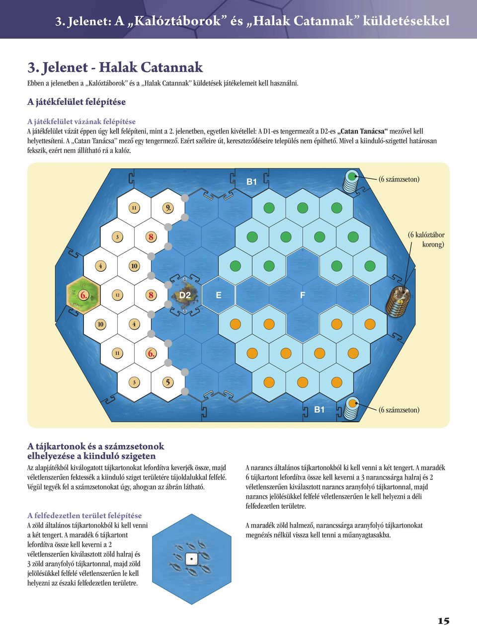 jelenetben, egyetlen kivétellel: A D1-es tengermezőt a D2-es Catan Tanácsa mezővel kell helyettesíteni. A Catan Tanácsa mező egy tengermező.