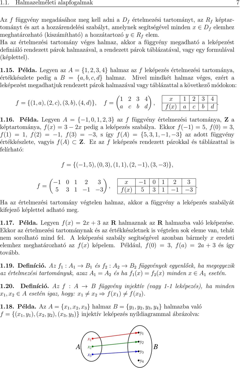 Ha az értelmezési tartomány véges halmaz, akkor a függvény megadható a leképezést definiáló rendezett párok halmazával, a rendezett párok táblázatával, vagy egy formulával képlettel)..5. Példa.