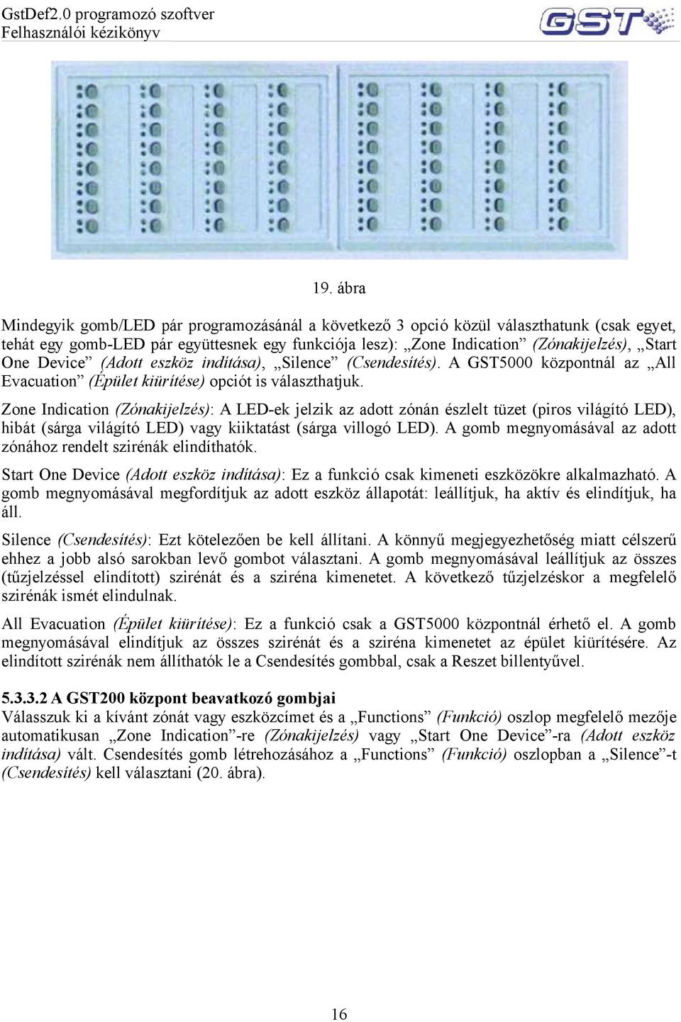 Zone Indication (Zónakijelzés): A LED-ek jelzik az adott zónán észlelt tüzet (piros világító LED), hibát (sárga világító LED) vagy kiiktatást (sárga villogó LED).