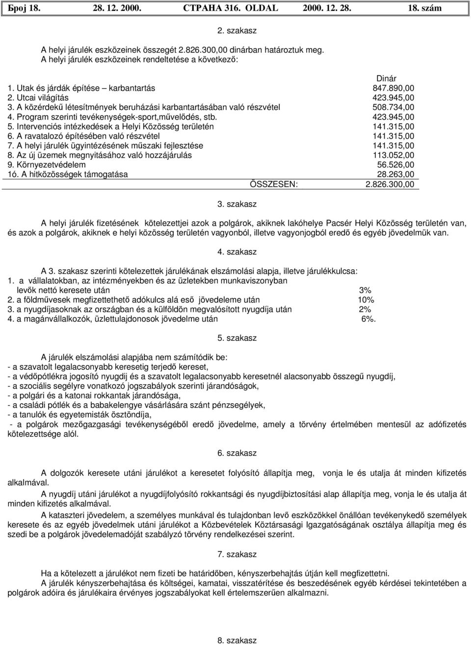 A közérdekű létesítmények beruházási karbantartásában való részvétel 508.734,00 4. Program szerinti tevékenységek-sport,művelődés, stb. 423.945,00 5.