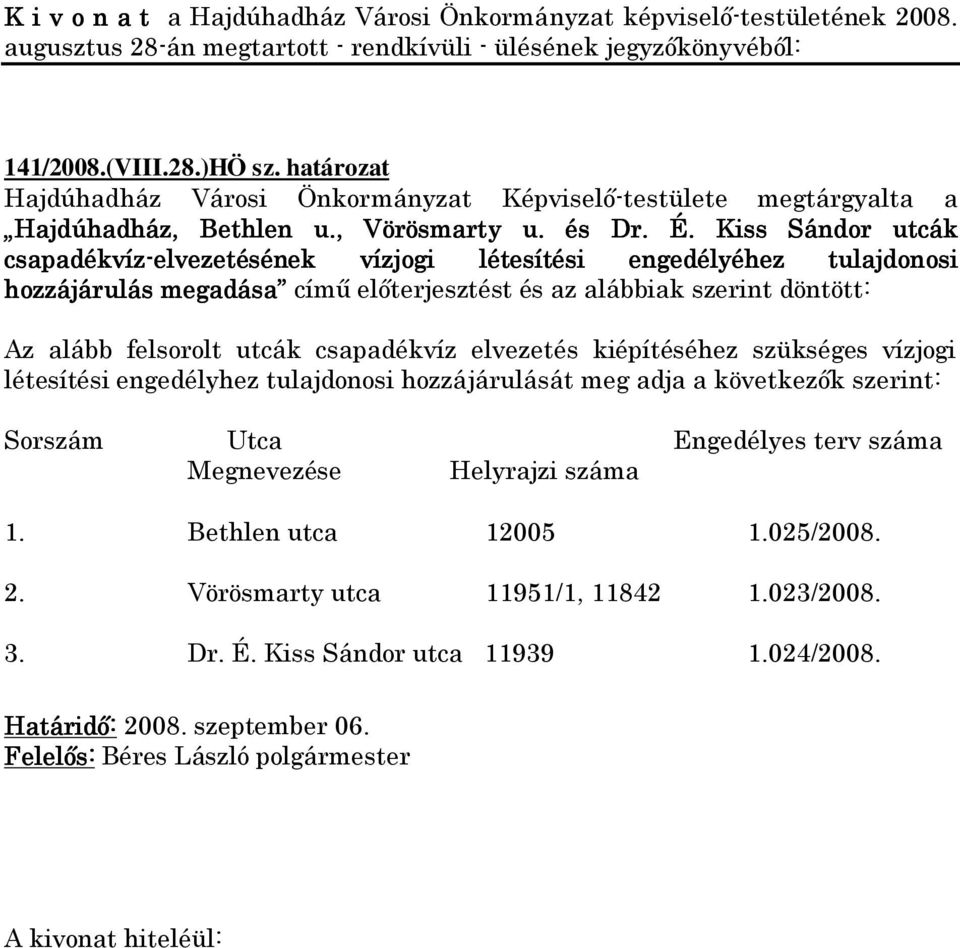 felsorolt utcák csapadékvíz elvezetés kiépítéséhez szükséges vízjogi létesítési engedélyhez tulajdonosi hozzájárulását meg adja a következők szerint: Sorszám Utca