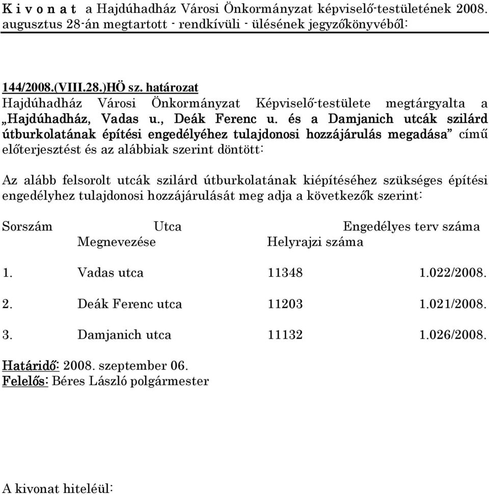 felsorolt utcák szilárd útburkolatának kiépítéséhez szükséges építési engedélyhez tulajdonosi hozzájárulását meg adja a következők szerint: Sorszám Utca