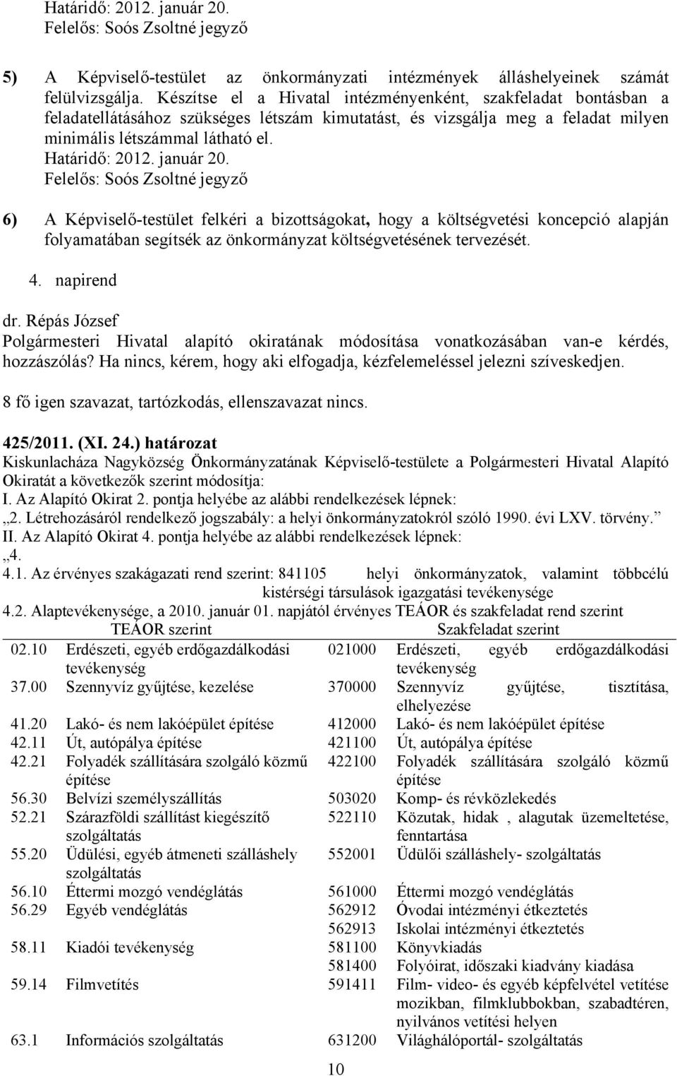 január 20. Felelős: Soós Zsoltné jegyző 6) A Képviselő-testület felkéri a bizottságokat, hogy a költségvetési koncepció alapján folyamatában segítsék az önkormányzat költségvetésének tervezését. 4.