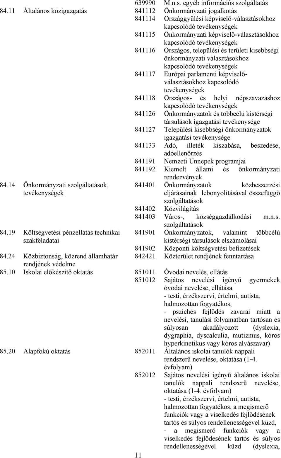 841116 Országos, települési és területi kisebbségi önkormányzati választásokhoz kapcsolódó tevékenységek 841117 Európai parlamenti képviselőválasztásokhoz kapcsolódó tevékenységek 841118 Országos- és