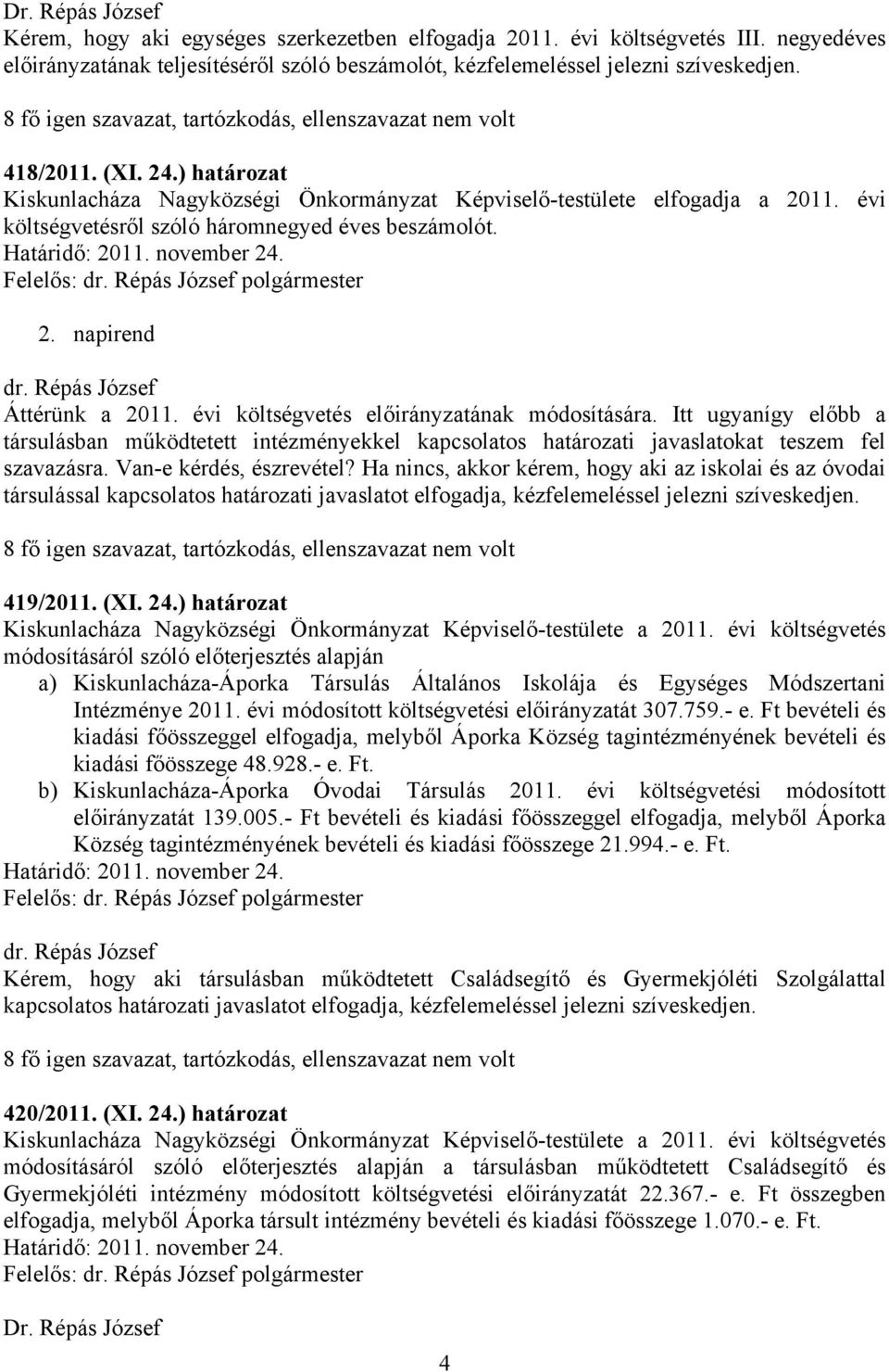 évi költségvetésről szóló háromnegyed éves beszámolót. Határidő: 2011. november 24. 2. napirend Áttérünk a 2011. évi költségvetés előirányzatának módosítására.