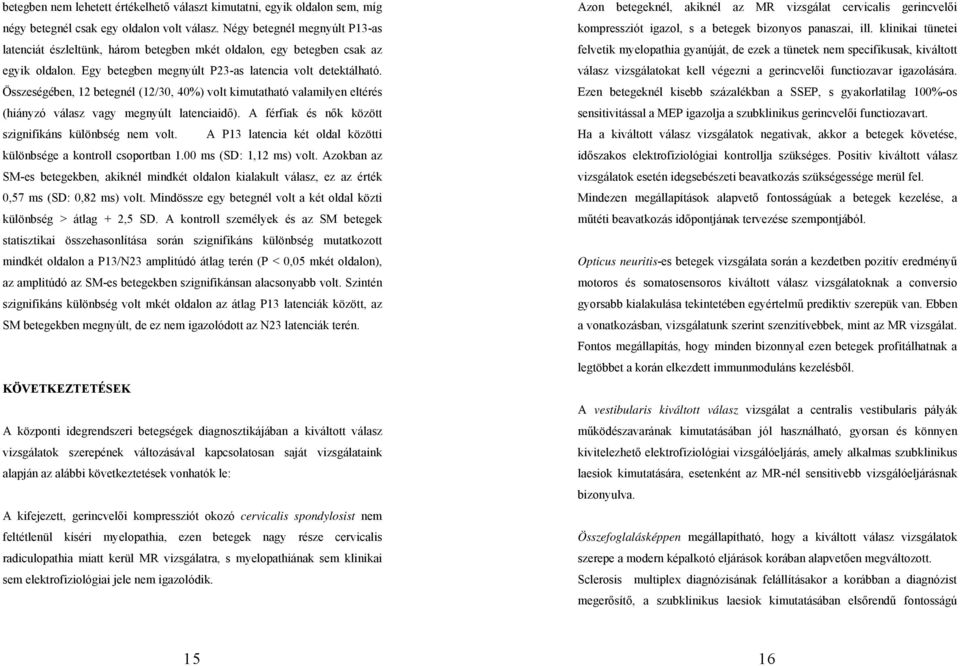 Összeségében, 12 betegnél (12/30, 40%) volt kimutatható valamilyen eltérés (hiányzó válasz vagy megnyúlt latenciaidő). A férfiak és nők között szignifikáns különbség nem volt.