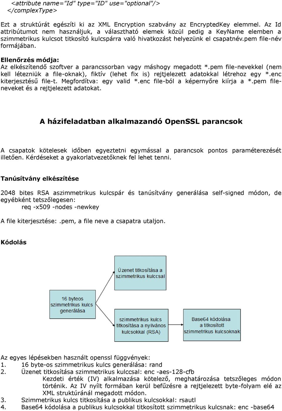 Ellenőrzés módja: Az elkészítendő szoftver a parancssorban vagy máshogy megadott *.pem file-nevekkel (nem kell létezniük a file-oknak), fiktív (lehet fix is) rejtjelezett adatokkal létrehoz egy *.