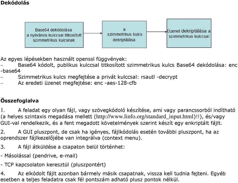 A feladat egy olyan fájl, vagy szövegkódoló készítése, ami vagy parancssorból indítható (a helyes szintaxis megadása mellett (http://www.linfo.org/standard_input.html)!