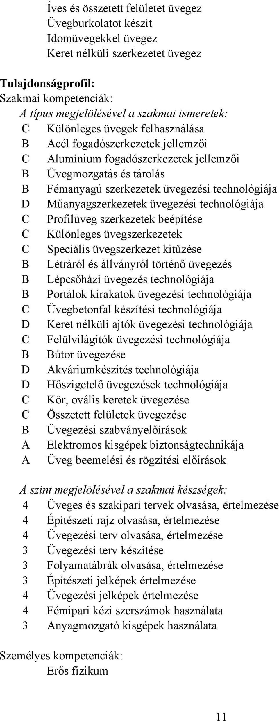 üvegezési technológiája C Profilüveg szerkezetek beépítése C Különleges üvegszerkezetek C Speciális üvegszerkezet kitűzése Létráról és állványról történő üvegezés Lépcsőházi üvegezés technológiája