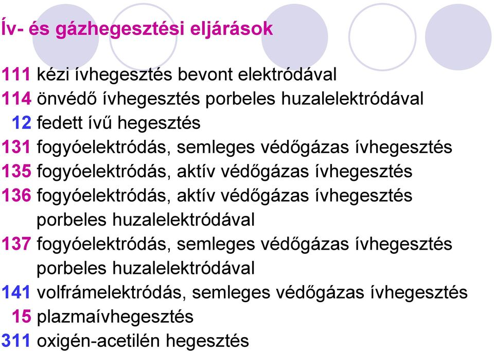 fogyóelektródás, aktív védőgázas ívhegesztés porbeles huzalelektródával 137 fogyóelektródás, semleges védőgázas ívhegesztés