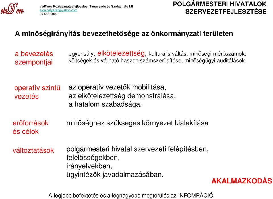 operatív szintő vezetés erıforrások és célok az operatív vezetık mobilitása, az elkötelezettség demonstrálása, a hatalom szabadsága.