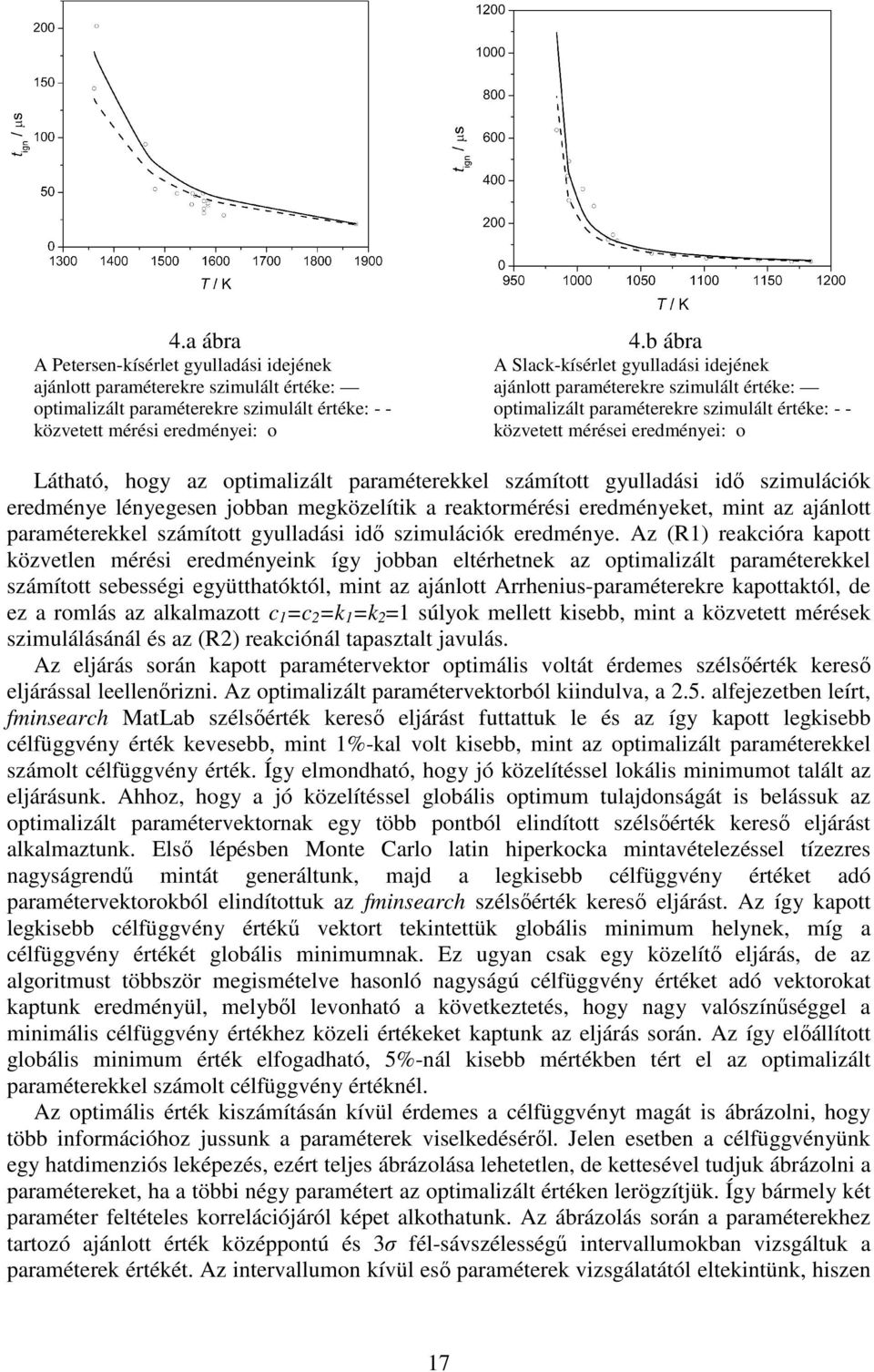 optmalzált paraméterekre szmulált értéke: - - közvetett mérés eredméye: o közvetett mérése eredméye: o Látható, hogy az optmalzált paraméterekkel számított gyulladás dő szmulácók eredméye léyegese