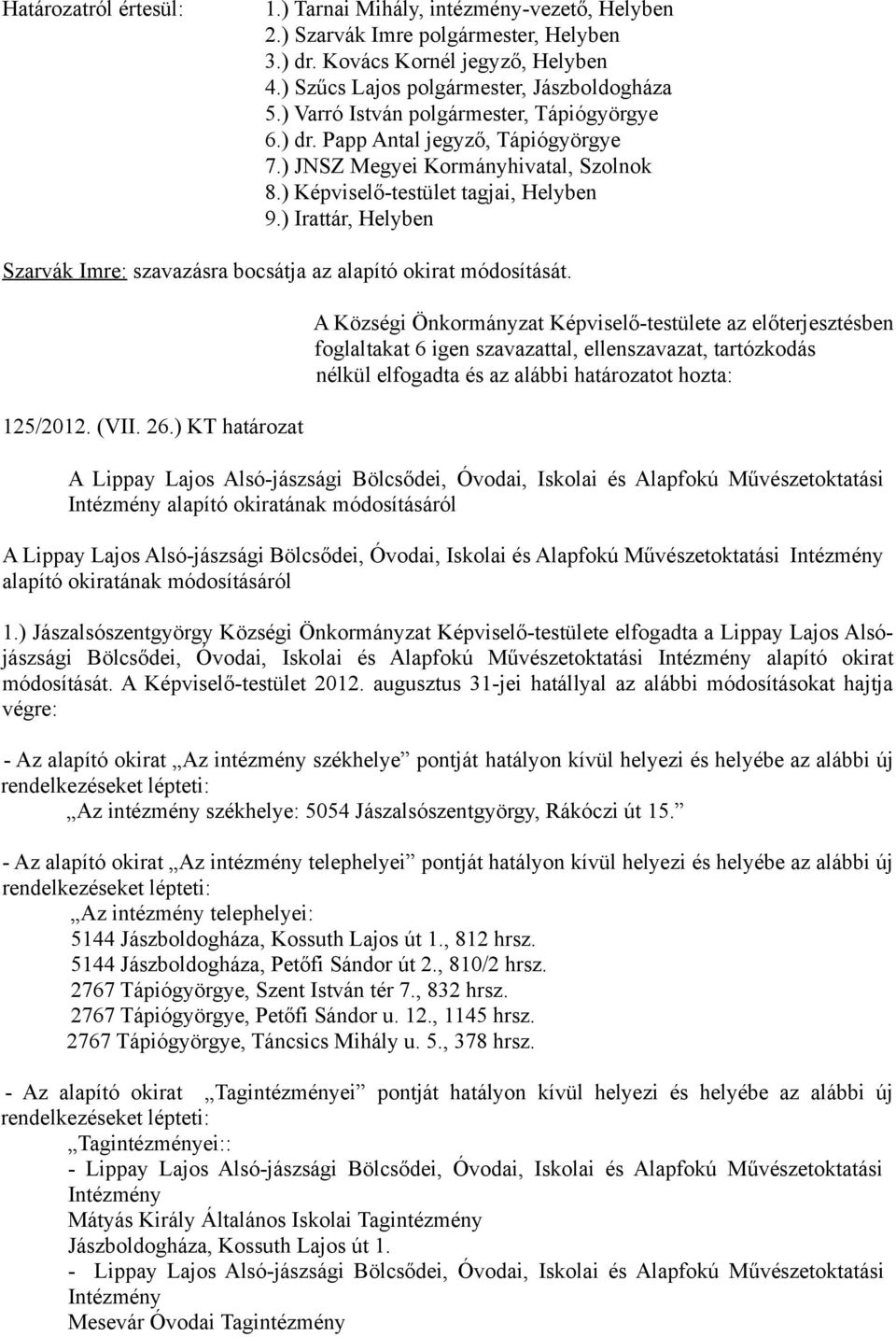 ) Irattár, Helyben Szarvák Imre: szavazásra bocsátja az alapító okirat módosítását. 125/2012. (VII. 26.