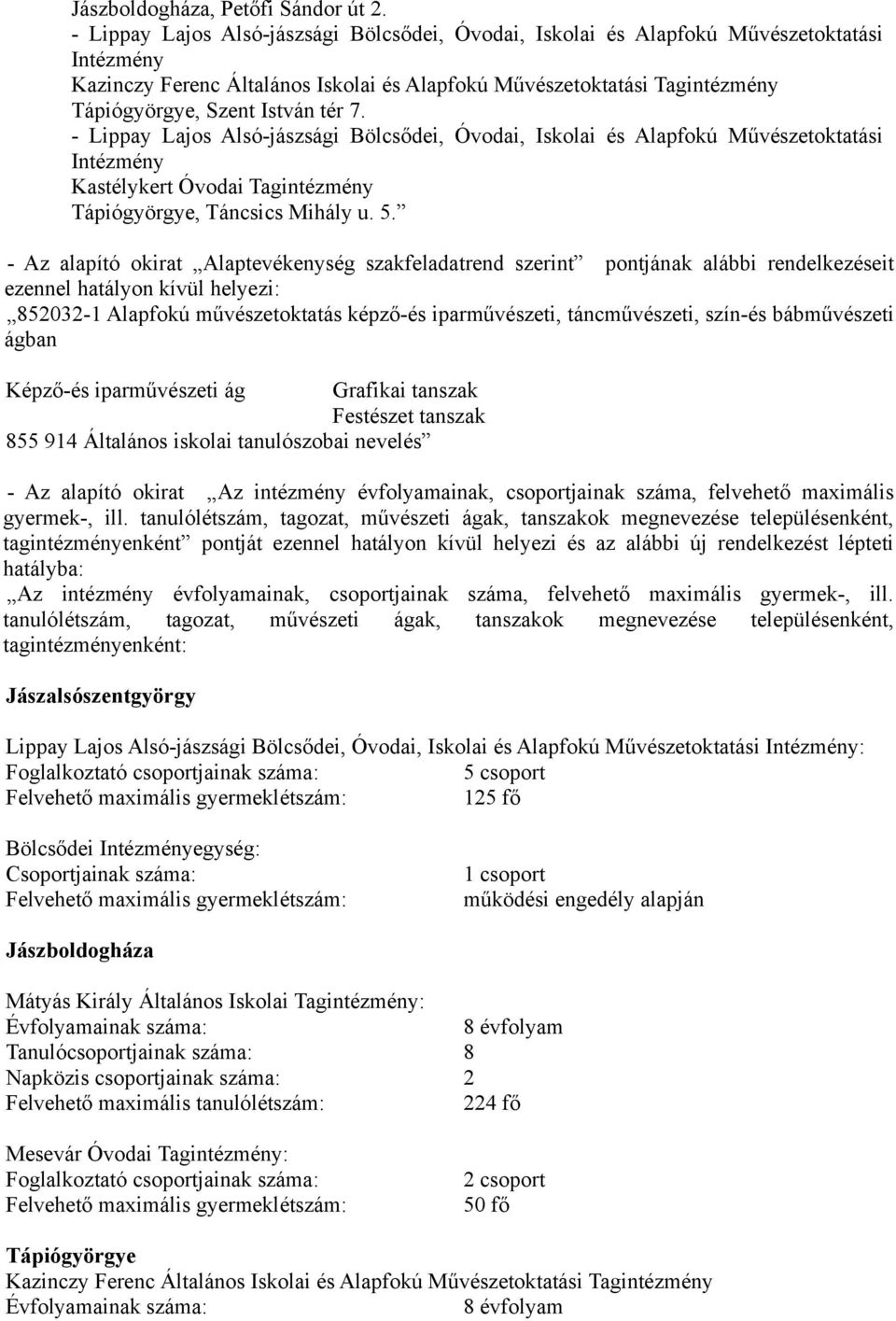 tér 7. - Lippay Lajos Alsó-jászsági Bölcsődei, Óvodai, Iskolai és Alapfokú Művészetoktatási Intézmény Kastélykert Óvodai Tagintézmény Tápiógyörgye, Táncsics Mihály u. 5.