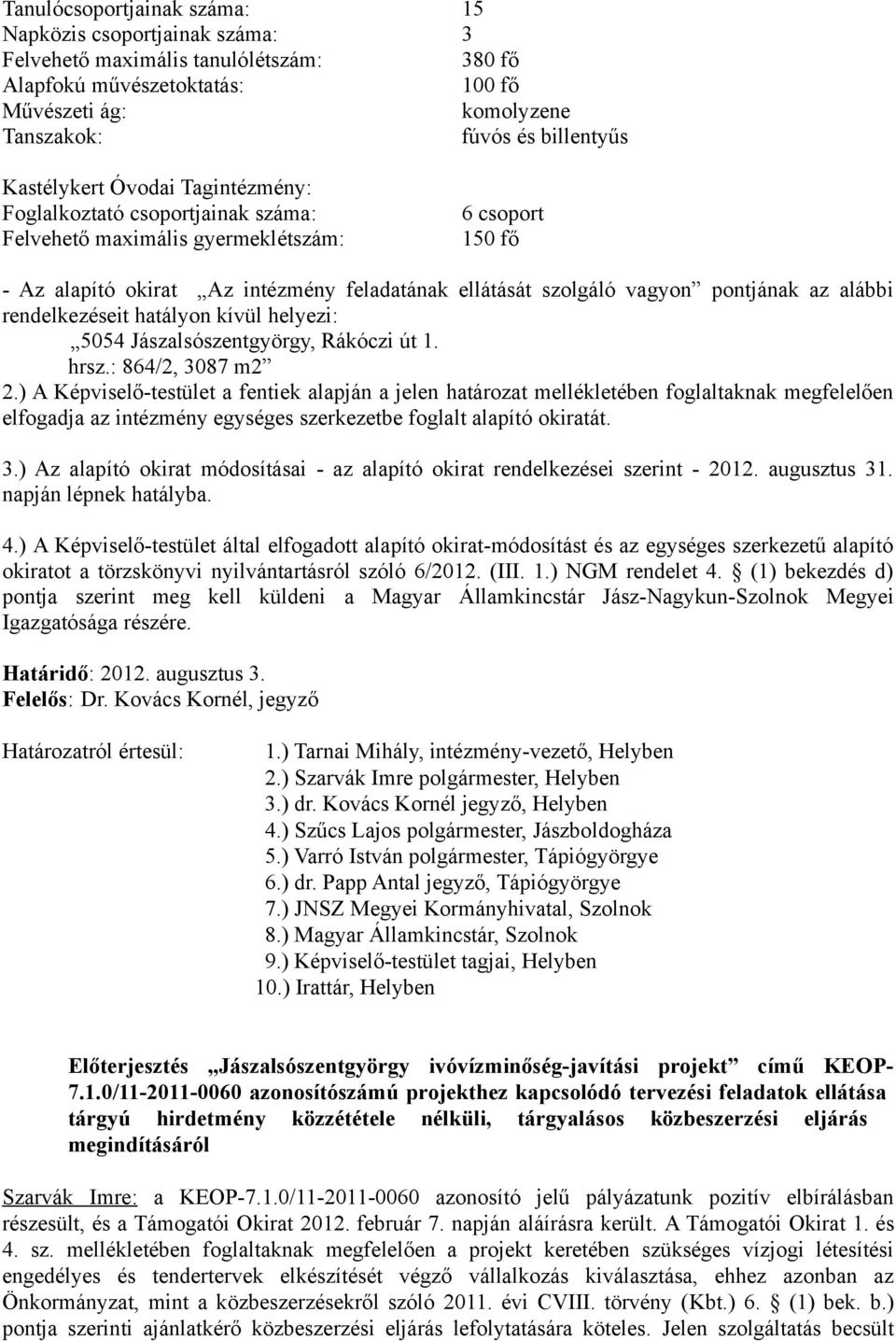 pontjának az alábbi rendelkezéseit hatályon kívül helyezi: 5054 Jászalsószentgyörgy, Rákóczi út 1. hrsz.: 864/2, 3087 m2 2.