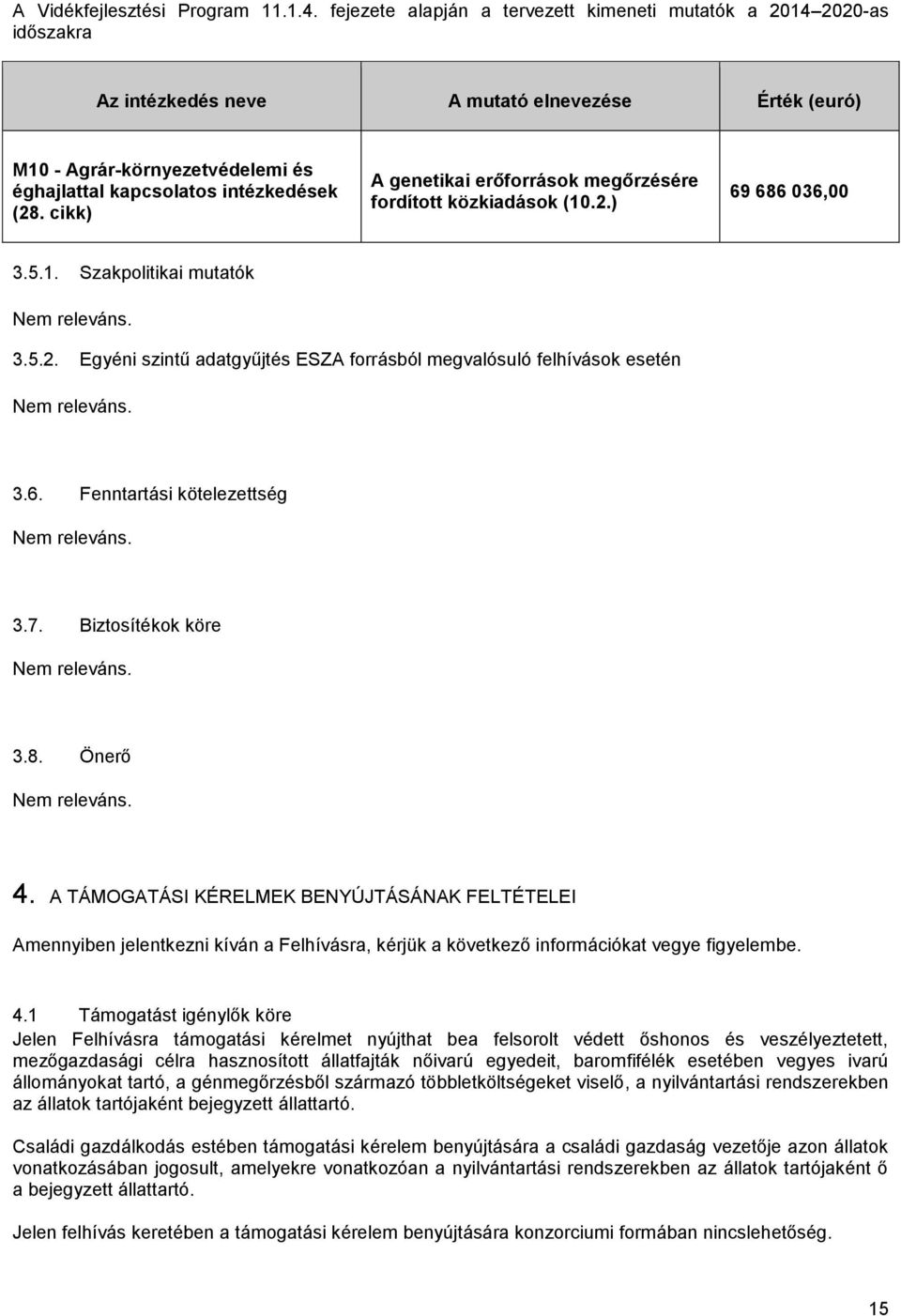 cikk) A genetikai erőforrások megőrzésére fordított közkiadások (10.2.) 69 686 036,00 3.5.1. Szakpolitikai mutatók 3.5.2. Egyéni szintű adatgyűjtés ESZA forrásból megvalósuló felhívások esetén 3.6. Fenntartási kötelezettség 3.