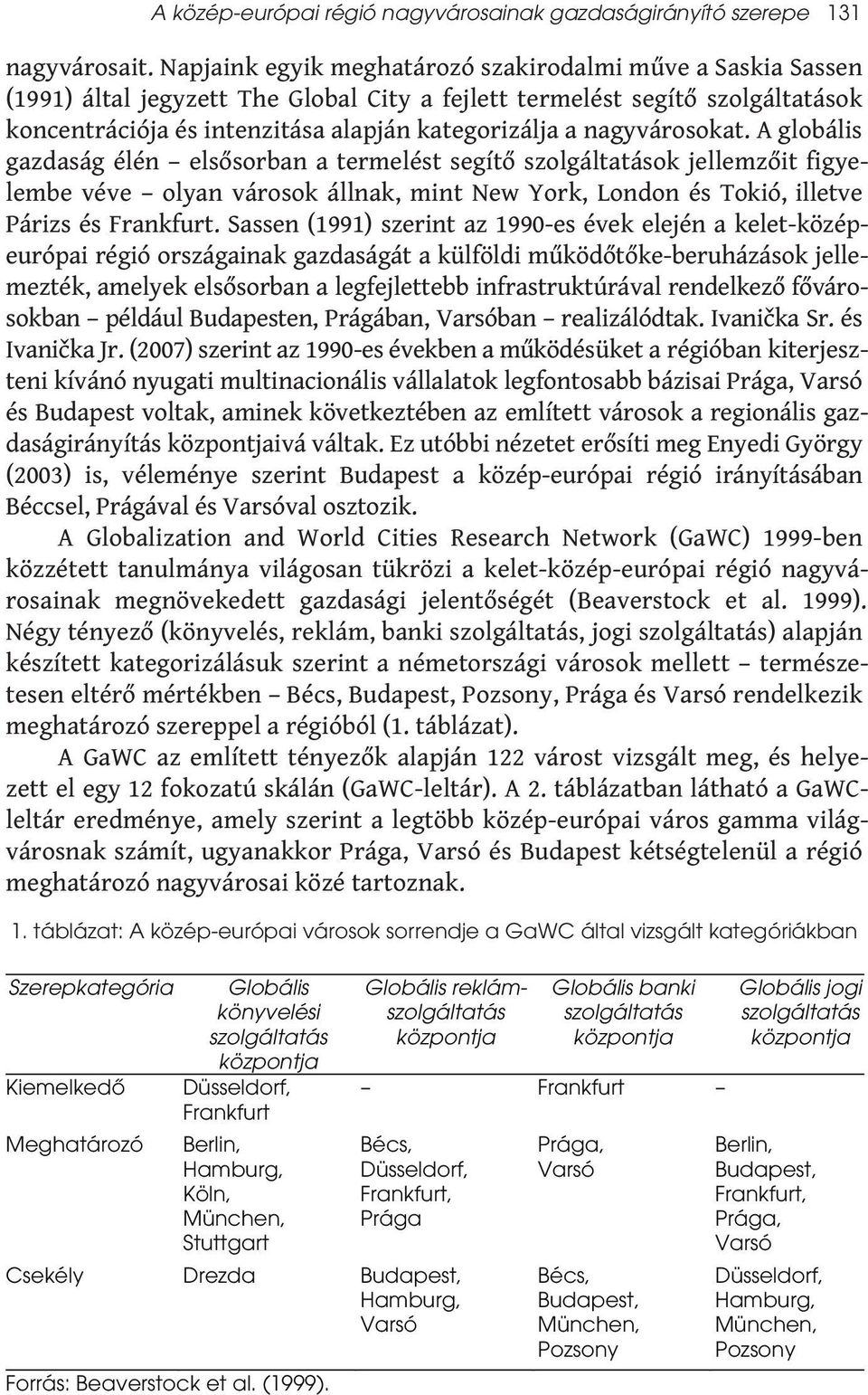 nagyvárosokat. A globális gazdaság élén elsősorban a termelést segítő szolgáltatások jellemzőit figyelembe véve olyan városok állnak, mint New York, London és Tokió, illetve Párizs és Frankfurt.