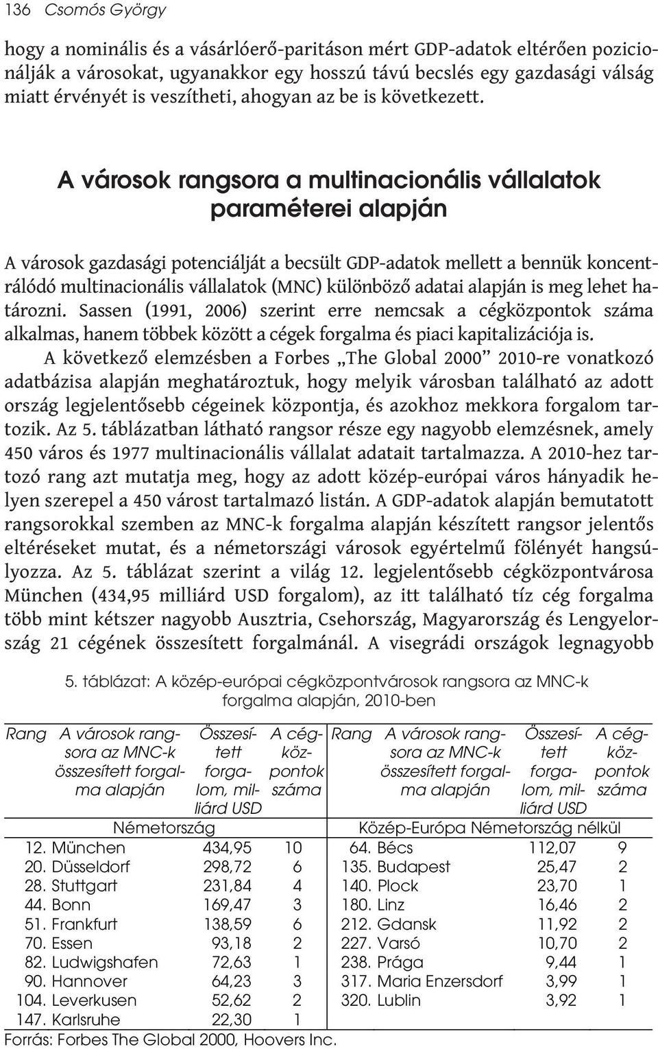 A városok rangsora a multinacionális vállalatok paraméterei alapján A városok gazdasági potenciálját a becsült GDP-adatok mellett a bennük koncentrálódó multinacionális vállalatok (MNC) különböző