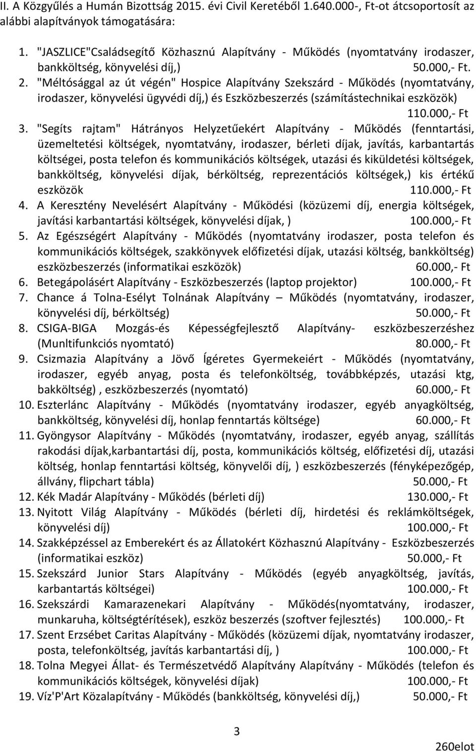 "Méltósággal az út végén" Hospice Alapítvány Szekszárd - Működés (nyomtatvány, irodaszer, könyvelési ügyvédi díj,) és Eszközbeszerzés (számítástechnikai eszközök) 110.000,- Ft 3.