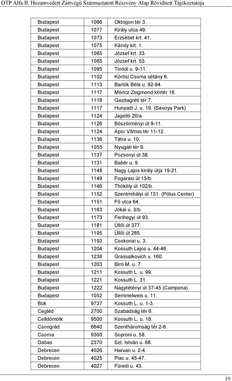 u. 19. (Savoya Park) Budapest 1124 Jagelló 20/a Budapest 1126 Böszörményi út 9-11. Budapest 1124 Apor Vilmos tér 11-12. Budapest 1136 Tátra u. 10. Budapest 1055 Nyugati tér 9.