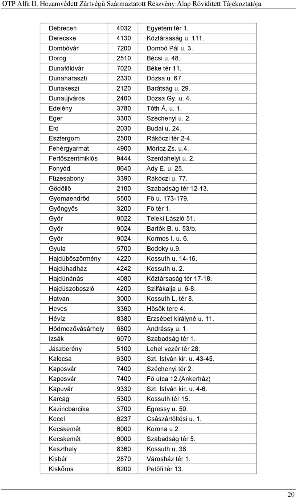 u.4. Fertőszentmiklós 9444 Szerdahelyi u. 2. Fonyód 8640 Ady E. u. 25. Füzesabony 3390 Rákóczi u. 77. Gödöllő 2100 Szabadság tér 12-13. Gyomaendrőd 5500 Fő u. 173-179. Gyöngyös 3200 Fő tér 1.