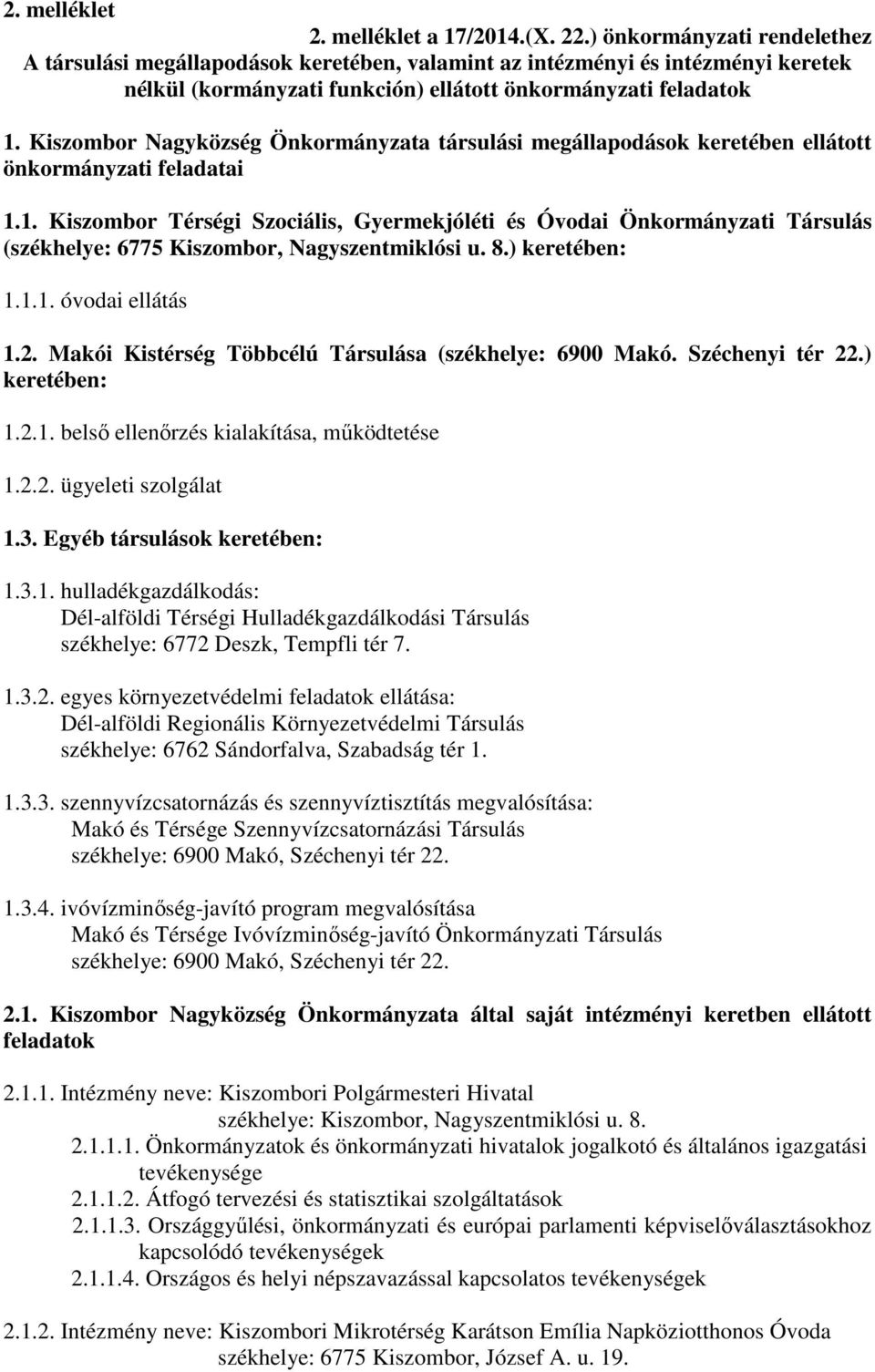 Kiszombor Nagyközség Önkormányzata társulási megállapodások keretében ellátott önkormányzati feladatai 1.