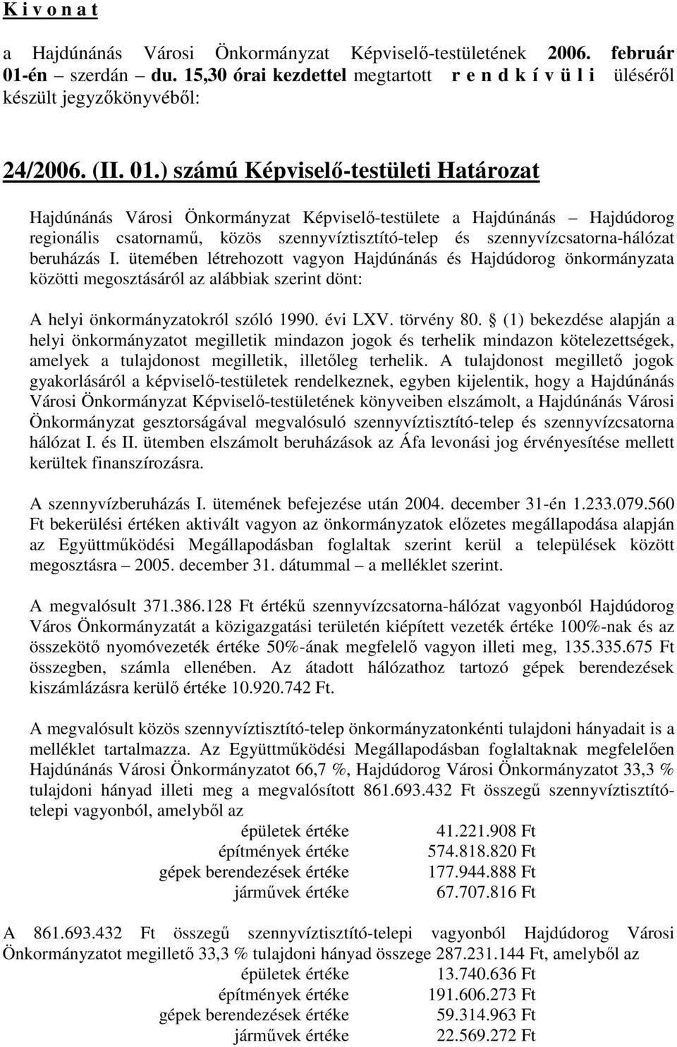 ) számú Képviselı-testületi Határozat Hajdúnánás Városi Önkormányzat Képviselı-testülete a Hajdúnánás Hajdúdorog regionális csatornamő, közös szennyvíztisztító-telep és szennyvízcsatorna-hálózat