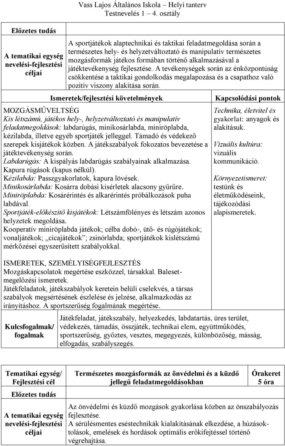 A tevékenységek során az énközpontúság csökkentése a taktikai gondolkodás megalapozása és a csapathoz való pozitív viszony alakítása során.