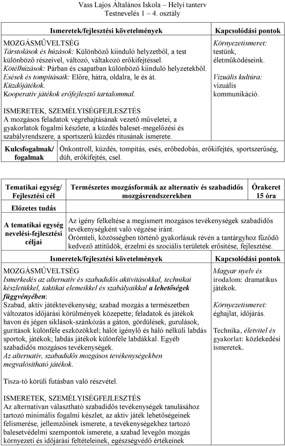 A mozgásos feladatok végrehajtásának vezető műveletei, a gyakorlatok fogalmi készlete, a küzdés baleset-megelőzési és szabályrendszere, a sportszerű küzdés rítusának ismerete.