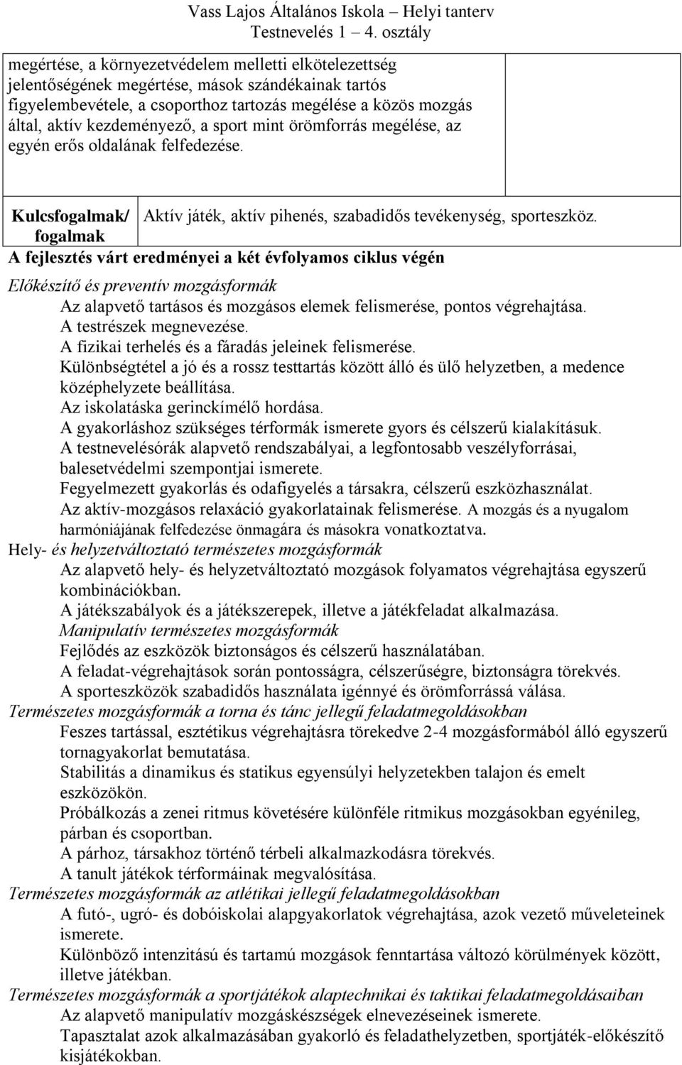 A fejlesztés várt eredményei a két évfolyamos ciklus végén Előkészítő és preventív mozgásformák Az alapvető tartásos és mozgásos elemek felismerése, pontos végrehajtása. A testrészek megnevezése.