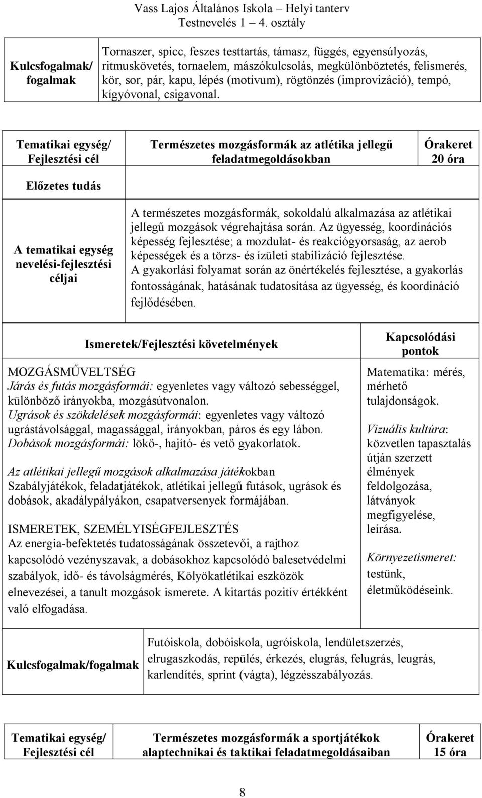 Természetes mozgásformák az atlétika jellegű feladatmegoldásokban 20 óra A természetes mozgásformák, sokoldalú alkalmazása az atlétikai jellegű mozgások végrehajtása során.