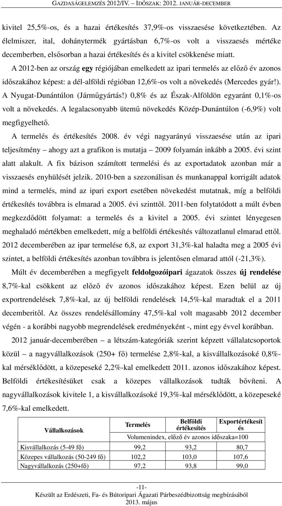 A 2012-ben az ország egy régiójában emelkedett az ipari termelés az előző év azonos időszakához képest: a dél-alföldi régióban 12,6%-os volt a növekedés (Mercedes gyár!).