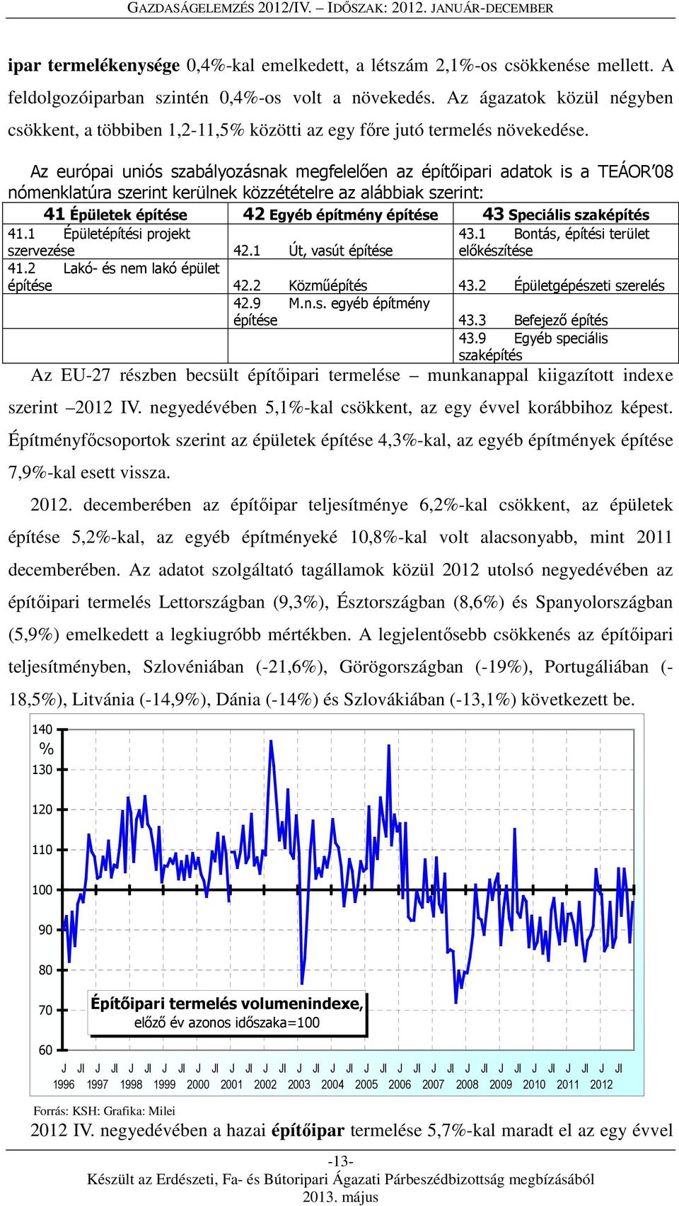 Az európai uniós szabályozásnak megfelelően az építőipari adatok is a TEÁOR 08 nómenklatúra szerint kerülnek közzétételre az alábbiak szerint: 41 Épületek építése 42 Egyéb építmény építése 43