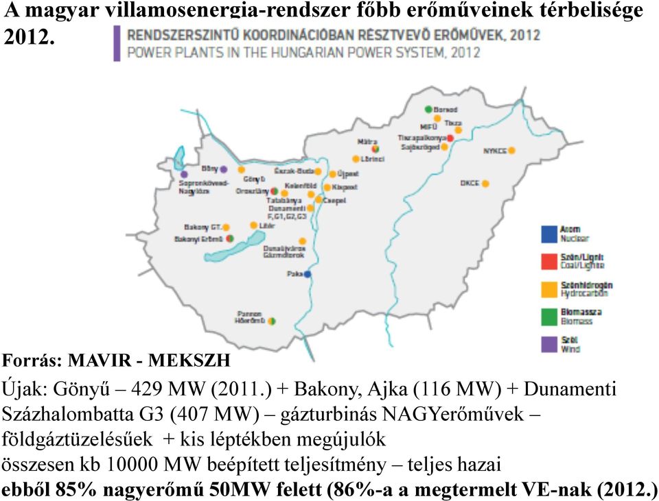 ) + Bakony, Ajka (116 MW) + Dunamenti Százhalombatta G3 (407 MW) gázturbinás NAGYerőművek