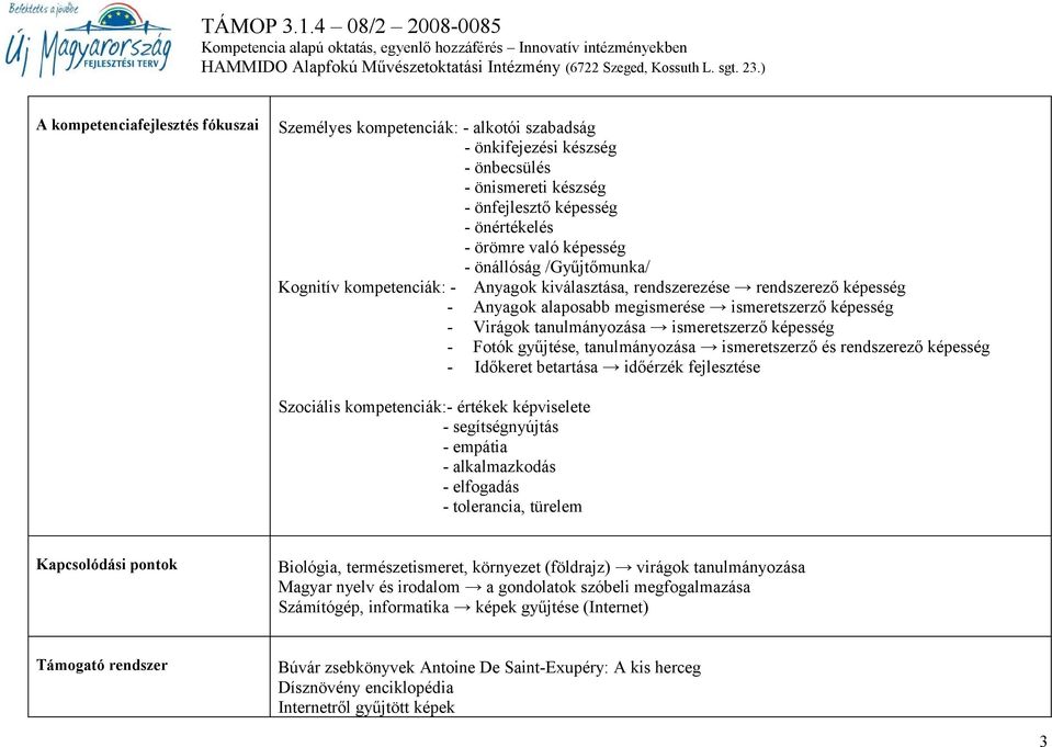 képesség - Fotók gyűjtése, tanulmányozása ismeretszerző és rendszerező képesség - Időkeret betartása időérzék fejlesztése Szociális kompetenciák:- értékek képviselete - segítségnyújtás - empátia -