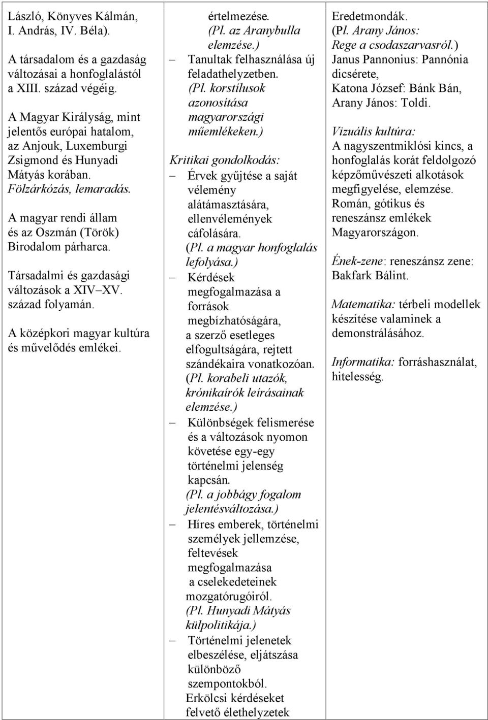 Társadalmi és gazdasági változások a XIV XV. század folyamán. A középkori magyar kultúra és művelődés emlékei. értelmezése. (Pl. az Aranybulla elemzése.) Tanultak felhasználása új feladathelyzetben.