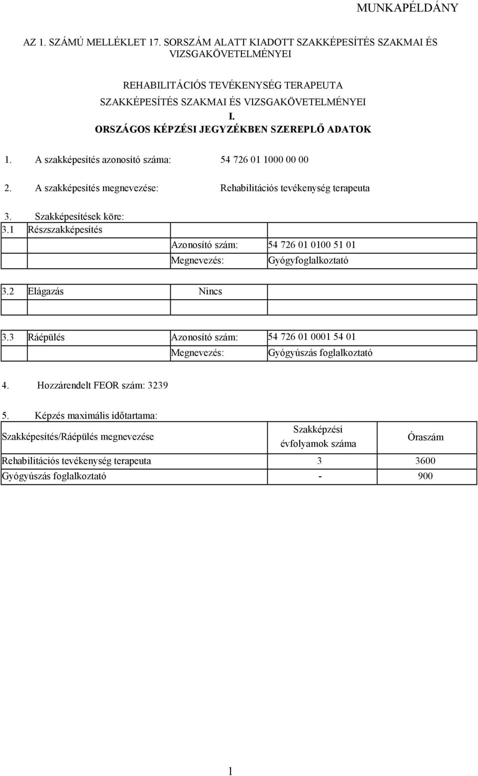 Szakképesítések köre: 3.1 Részszakképesítés Azonosító szám: 54 726 01 0100 51 01 Megnevezés: Gyógyfoglalkoztató 3.2 Elágazás Nincs 3.